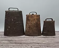 3 Antique Rusty Cow Bells Custom Clappers Farm Decor Rustic Original Hand Forged