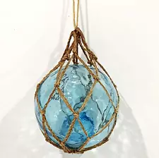 MONEY BOX / DECOR - Blue Glass Ball Buoy 5" (13cm) with Jute String Netting EUC