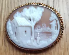 Vintage Scenic Carved Shell Cameo Brooch - Gold Plated ? Estate Sale Find