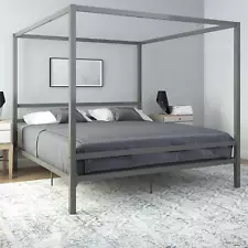 King Size Gray Grey Metal Canopy Bed Frame Headboard Modern Bedroom Furniture