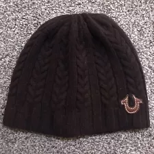 True Religion Chocolate Brown Beanie Winter Hat Leather Logo Lambswool/Cashmere