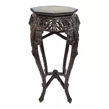 Antique ASIAN Chinese CARVED Teakwood MARBLE Tabouret PEDESTAL Table PLANT STAND