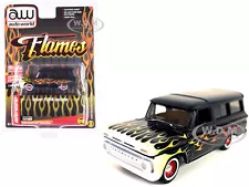 1965 CHEVROLET SUBURBAN CUSTOM MATT BLACK W/FLAMES 1/64 AUTO WORLD CP7832