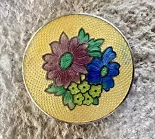 Guilloche yellow enamel flower circle authentic vintage BROOCH *SALE $1 Ship