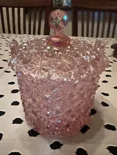 Vintage Fenton Pink Iridescent Daisy and Button Ice Bucket Candy Jar w/Lid