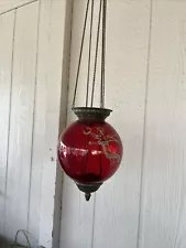 Antique Hanging Oil Lamp Red Glass Shade Hall Parlor Pull Down Metal Chain