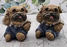 Two Adorable Shar Pei Puppies In Overalls Figurines