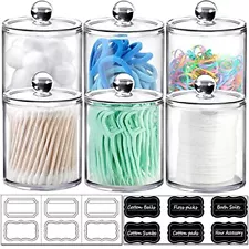 6 Pack of 12 Oz. Qtip Dispenser Apothecary Jars Bathroom with Labels - Holder...