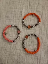 3x Rustic Cuff Orange Silcone And Chrome Beads Bracelets