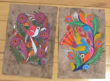 Mexican Folk Art Amate Bark Paper Paintings 2Pcs Flowers/Birds 1970/1980 Vintage