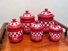 REALLY GOOD SET VINTAGE FRENCH ENAMEL KITCHEN STORAGE JARS