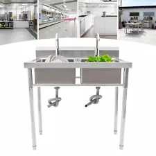 New Listing2 Compartment Commercial Sink w/ Double Faucet Restaurant Sink Stainless Steel