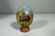 Vintage REAL EGG SHELL Hand Painted Farm Scene On Wooden Stand