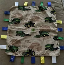 Farm Country John Deere Tractor Ribbon Security Baby Tags Flannel 14x14 Handmade