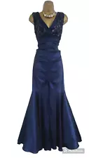 R&M RICHARDS size 14 Navy long fishtail ruched formal dress Ballgown mermaid VGC