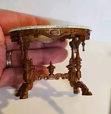 Dollhouse Wooden Ornate Side Table JBM Walnut Faux Marble 1/12 CLEARANCE SALE