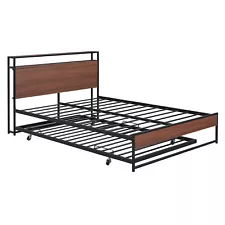 Full Size Metal Platform Bed Frame with Trundle & USB Ports Storage Headboard US