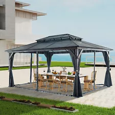 Large Gazebo with Wooden Legs, Double Roof, Sunshade, Dual-Layer Curtains