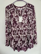 Lucky Brand Long Sleeve Maroon Floral Blouse V Neck Embroidered Womens Plus 1X