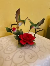 Heritage House Forever Hummingbirds Ceramic Figurine w/ Red Rose, EUC