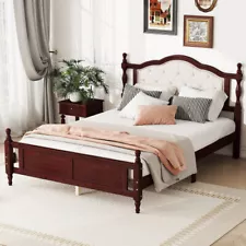 Solid Wood Bed Frames Queen Size Platform Bed w/ Upholstered Headboard Footboard