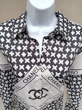 Fashion Style Womens 2X Black White ‘Chanel Style’ Patterned Long Sleeve Blouse