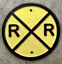 RAILROAD CROSSING 6” Diameter Yellow Cast Iron Railroad Track Sign