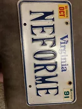 Virginia NE-FOR-ME Personalized Vanity License Plate Nebraska Cornhuskers Oct 91