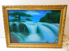 Vintage Illuminated Moving Waterfall Scene 15”x11” Light Up Picture MCM