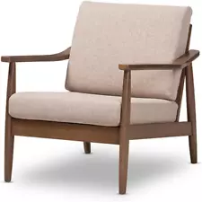 Venza Mid-Century Modern Walnut Wood Light Brown Fabric Upholstered Lounge Chair