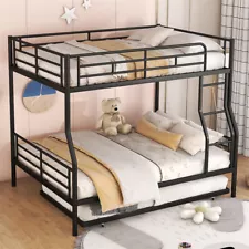 Metal Full XL Over Queen Size Bunk Bed w/Trundle for Teens AdultsBedroom-Black