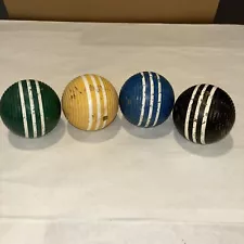 4 VINTAGE WOODEN RIBBED CROQUET BALLS- THREE STRIPES Black Blue Yellow Green ￼