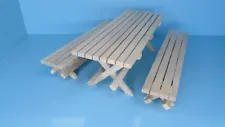 Dollhouse Miniature Unfinished Wood Slatted Picnic Table with Benches T4612