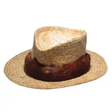 Vintage Hawaiian Lauhala hat + pheasant hatband shedding size 23.5in 3in brim