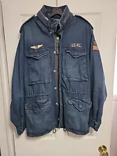 Polo Ralph Lauren blue flag military patch field jacket denim chambray $328 Med