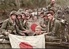 US Marines With Captured Japanese Flag Pacific Colorized WWII WW2 4x6 #1003**