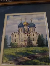 Church Orthodox Slavic Framed Painting Signed (Sorokin 2001) Watercolor Ink