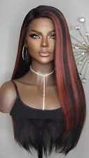 New Long Straight Black Red Highlights Lace Front Wig Womens Fashion Hair Wigs