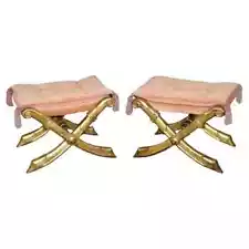 Pair of Regency Style Genuine Gold Gilt Sword and Tassel X Style Benches