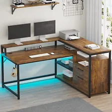 59'' L Shaped Computer Corner Office Desk with Drawers LED Lights, Rustic Brown