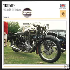 1934 Triumph 500cc Model 5/4 DeLuxe Motorcycle Photo Spec Sheet Info Stat Card