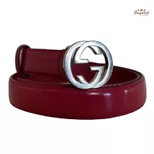 Authentic Gucci Red Calfskin Leather Silver Interlocking G Buckle Belt 80/32