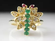 Dragonfly Ring Emerald Ruby Diamond 14K Yellow Gold Size 6.75 Insect