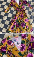 Pinup Couture PUG Girl Clothing Small Floral Birdie Dress Mustard Purple Floral