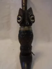 Pipe Owl Glass Eyes Wood Carved Vintage German #D