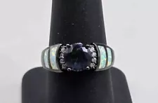 Black Elegant White Fire Opal & Rainbow Topaz Sz 8.75 Stunning Ring