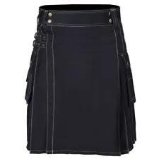 New Scottish Custom Made Men's Heavy Duty Cotton Black Utility Kilt For Sale