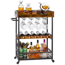 Bar Cart with Wine Rack,Mobile Kitchen Serving Cart with Storage and Glass Ho...