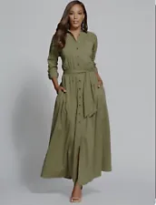 Gabrielle Union NY Company Green Button Down Belted Maxi Dress Size Medium