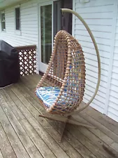 Vintage 1970's Rattan Hanging Chair w/ Original Cushions & Metal Support Frame